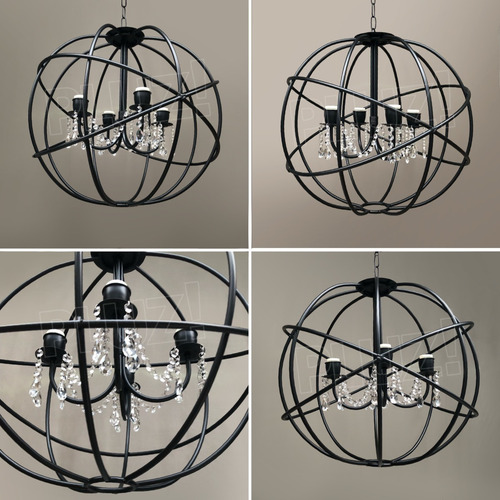 Imagen 3 de 10 de Colgante Araña Globo Cruzado 4 Luces C/caireles Hierro Negro