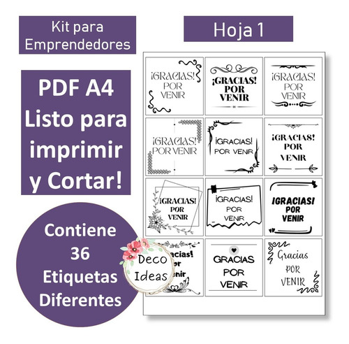 Imagen 2 de 5 de Kit Emprendedores 01 Gracias Por Venir A B. N. Tag Etiquetas