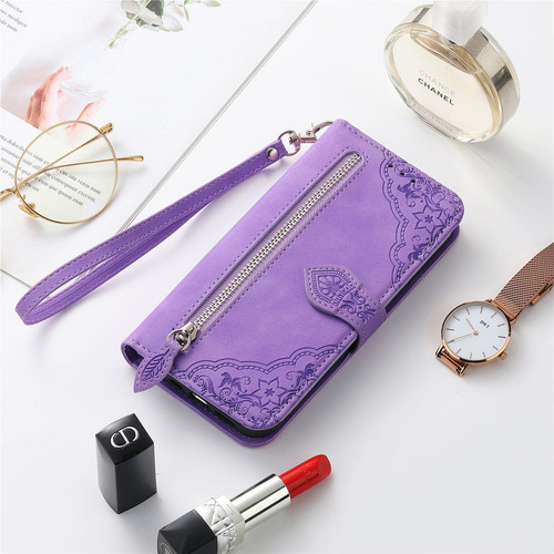 Funda De Piel Emboss Flower Zipper Tarjetero Con Ranura Para