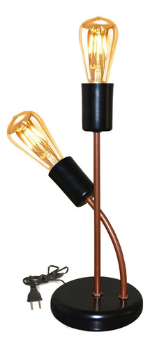 Abajur Luminária De Mesa 2 Hastes Design Moderno Sala Quarto Cúpula Preto Com Cobre