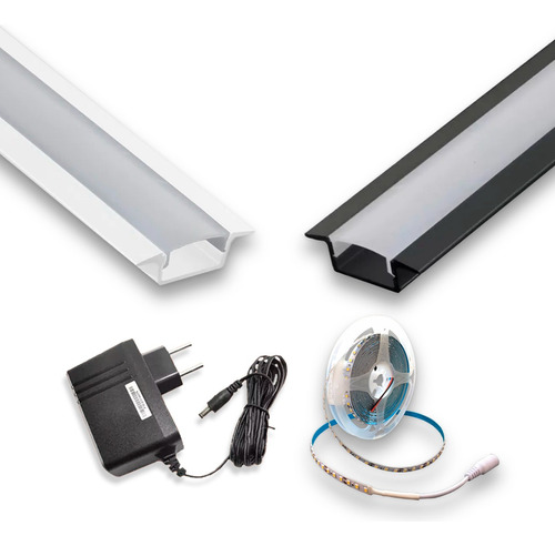 Kit Perfil Alumínio Embutir Slim 2metro Com Fita Led E Fonte Cor da luz Branco Branco-neutro 12V