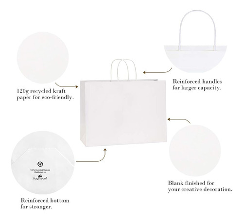 50 Bolsas De Papel Kraft Blanco Con Asas 100% Reciclables