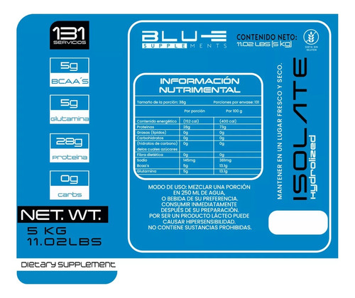 Proteína Whey Hidrolizada Isolate Blu-e 5 Kg Varios Sabores Mazapan