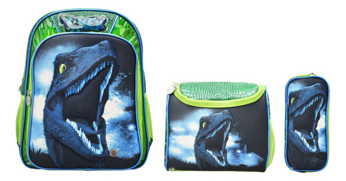 Mochila Lonchera Lapicera Dinosaurio T Rex 3d Esponja Con Sonido Verde Primaria Ll23bpi002 Lluvia Color Verde/azul