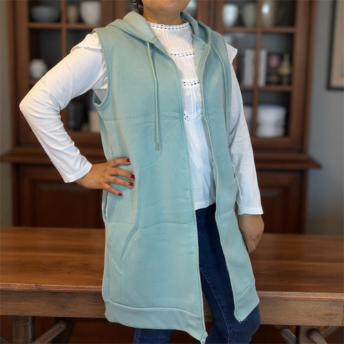 Chaleco Dama Largo Sin Mangas Capucha Bolsillos Casual Moda