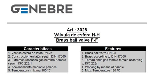 Imagen 2 de 4 de Válvula Esférica Genebre Latón Ø3/4 Art. 3028