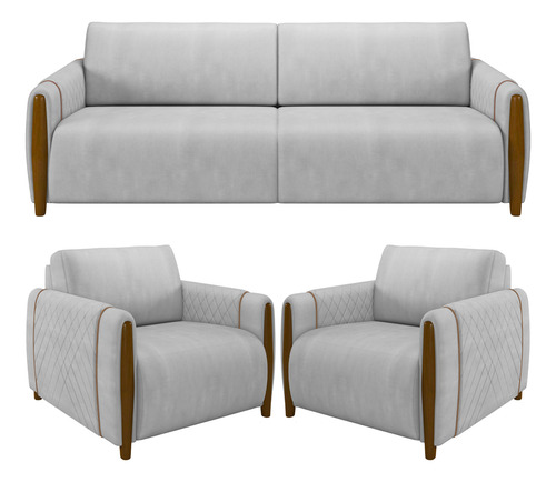 Kit Sofá 02 Lugares Sala Estar 168cm Com 02 Poltronas Flora Pés Madeira M03 Veludo Cinza