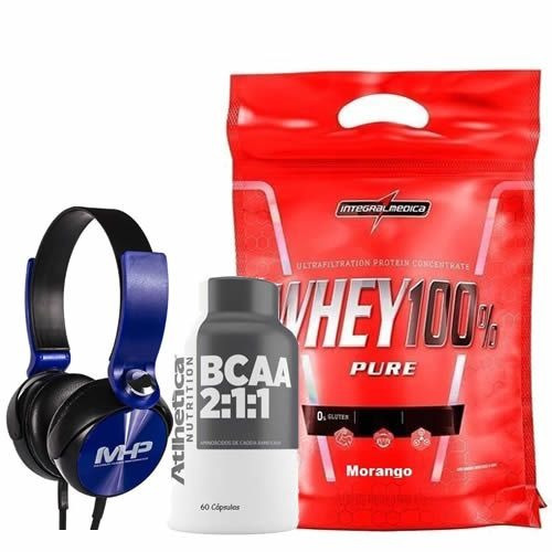 Whey 100% 907g Morango   Bcaa 60 Cápsulas   Fone Mhp