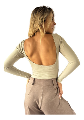 Top Remera Algodon Espalda Descubierta Manga Larga Mujer
