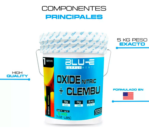 Óxido Nítrico + Clembuterol Blu-e 5 Kg Pre-entreno 1000 Serv Mango