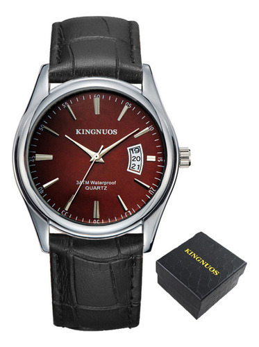 Reloj de pulsera Kingnuos 1853 de cuerpo color sliver, analógico, para hombre, fondo café, con correa de cuero color negro y hebilla simple