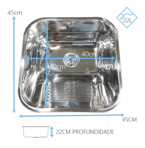 Tanque Inox 40x40 22 Litros Com Torneira Parede Gourmet Jr
