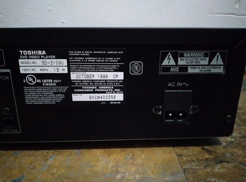 Imagen 5 de 5 de Reproductor Cd Dvd Toshiba Sd-3109 Dual Disk Salida Optica