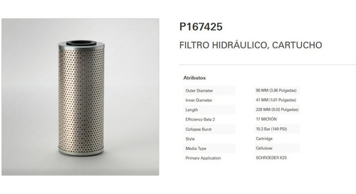P167425 Filtro Hidraulico Cartucho P 167425 P167425