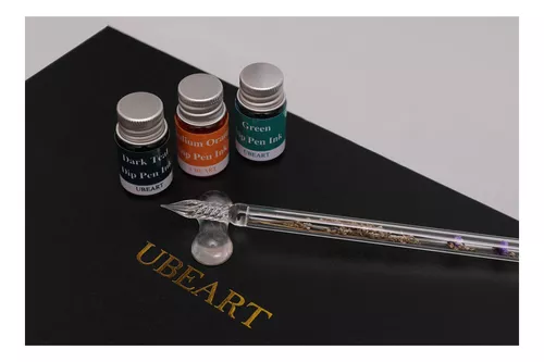UBEART Glass Dip Pen Ink set,28 Pieces Calligraphy Set Includes 24 Colors  Ink Cleaning Cup Pen Holder 2 Crystal Glass Pens,Calligraphy Kit Ideas for