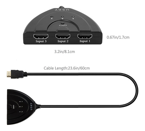 Hub Hdmi Switch 3x1 Adaptador Cabo 3 Entradas 1 Saída