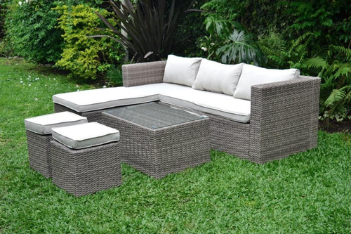 Juego Jardin Living Simil Rattan New Meissa Con Puff C Estructura Gris