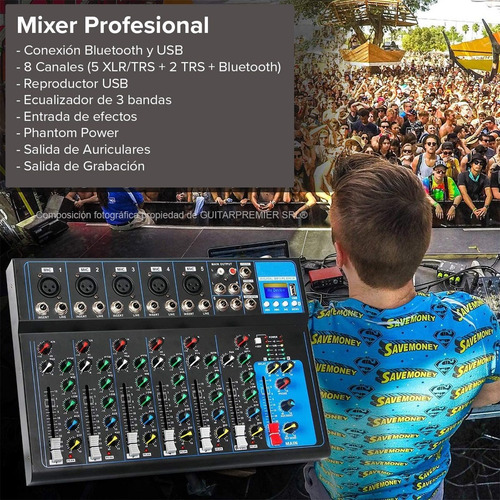 Imagen 4 de 9 de Consola Mixer 8 Canales Bluetooth Usb Phantom Power Eq F-7