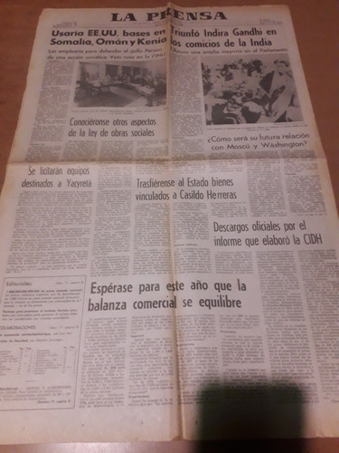 Tapa Diario La Prensa 08 01 1980 Yacyreta Dd.hh. Herreras 