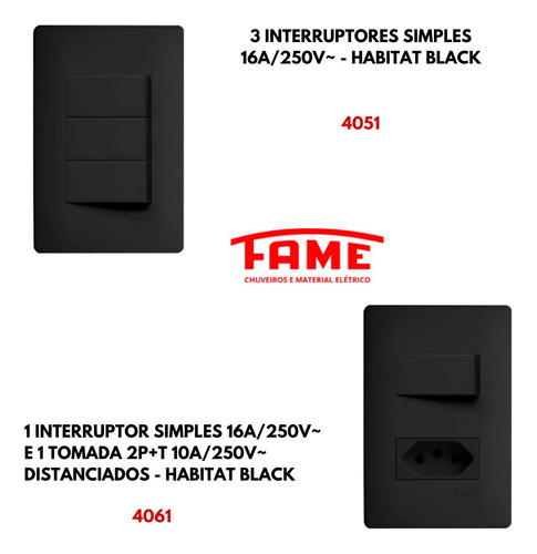 Kit Interruptor Triplo + Interruptor C Tomada 10a Black Fame