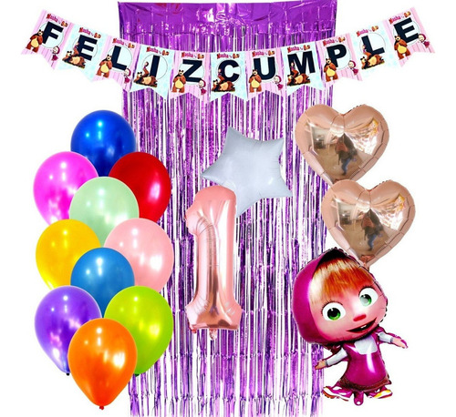 Combo Kit Deco Globos Masha Y El Oso+ Numero De 70cm+cortina