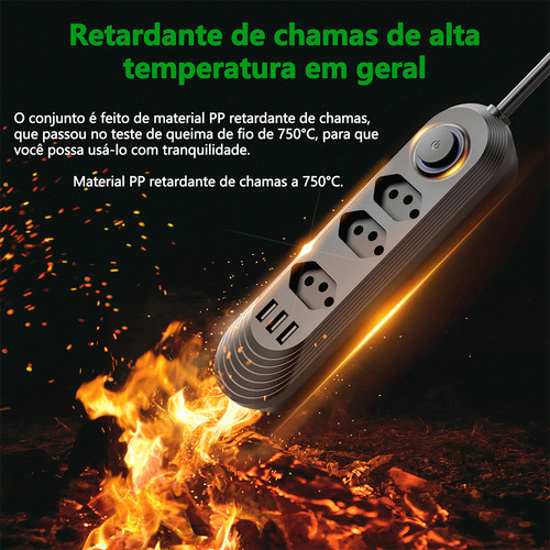Cabo De Extensão De 3 Plugues Com 3 Usbs Preto 2 M 127/220V