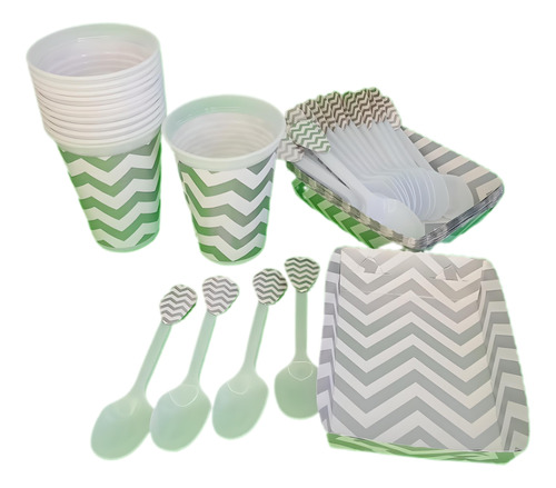 Kit Deco Vasos+bandejas+cubiertos Chevron Plata 36inv 