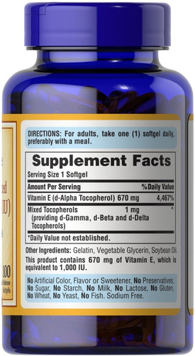 Imagen 2 de 3 de Vitamina E 1000ui Tocoferoles Mixtos. X100 Caps. Anmat/inal