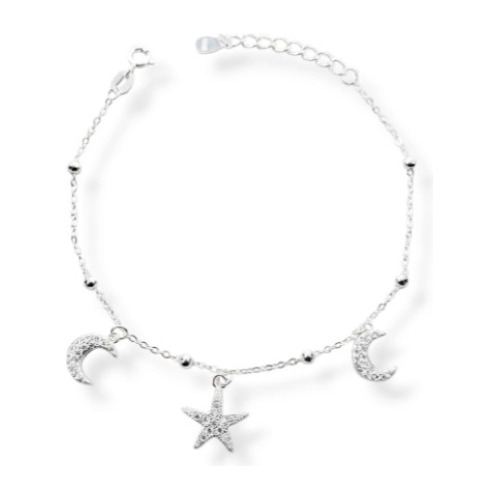 Pulsera Regulable Estrella Y Luna En Plata 925 Italy 3,28gr