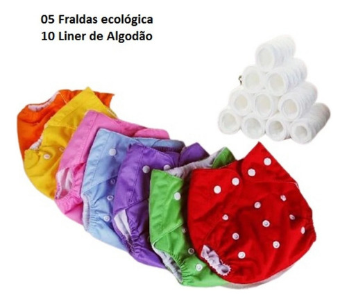 Kit 5 Fraldas Ecológicas 10 Absorventes Algodão Reutilizável Gênero Unissex Tamanho Único