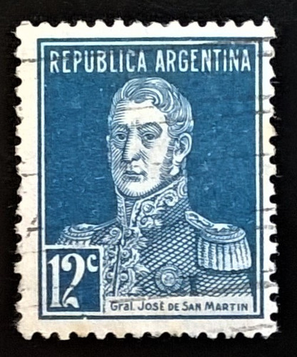 Argentina, Sello Gj 601d S Martín 12c Pie Romo 1924 U L12262