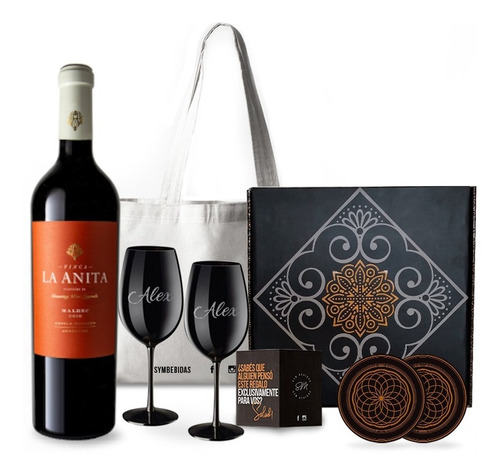 Box Set Vino La Anita Malbec 2 Copas Negras Grabadas Regalo