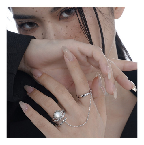 Doble Anillo Con Cadena Perla 8mm Plata S925 Moda Mujer