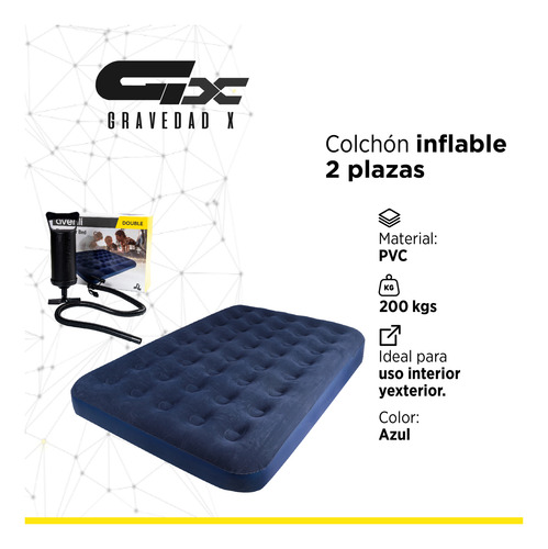 Colchón Inflable 2 Plazas + Inflador Camping. Gravedad X
