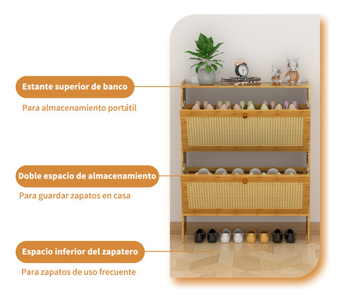 Zapatero De Mueble Ratán Halman 70x17x87cm Color Marrón Claro