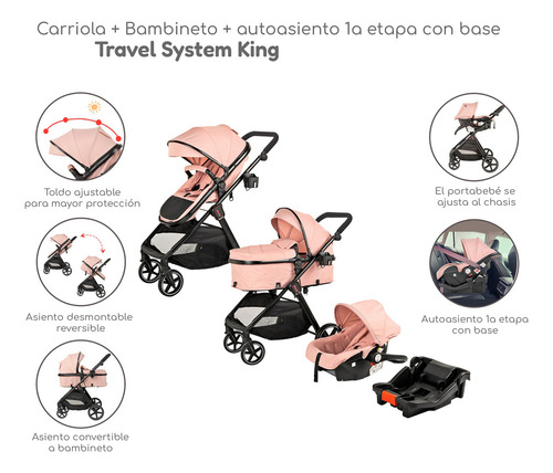 Carriola D Bebe Travel System King Con Autoasiento 1a Etapa Color Rosa Chasis Negro