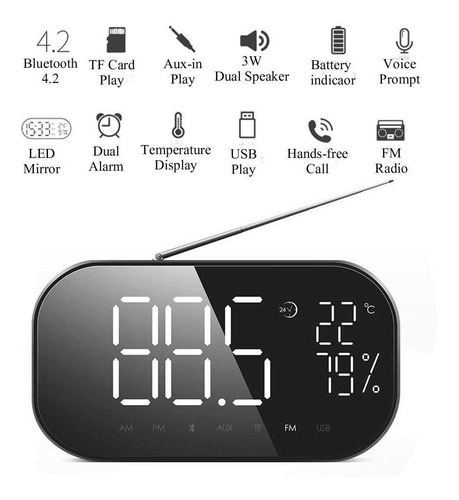 Reloj Despertador Digital Con Altavoz Bluetooth Y Radio Fm