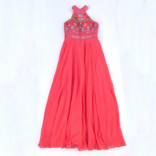 Vestido De Fiesta Largo Color Coral Rosado Bordado