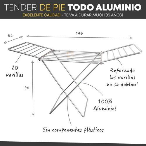 Imagen 4 de 10 de Tendedero Tender Pie Alas 174 Cm Aluminio Reforzado Alumix