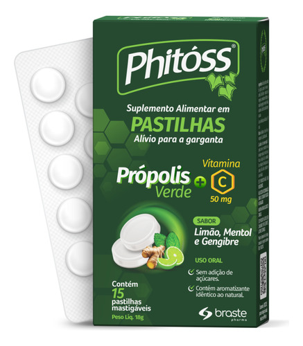 Phitoss Pastilha Própolis Vitamina C Garganta Alivio Rápido Sabor Limão Mentol E Gengibre
