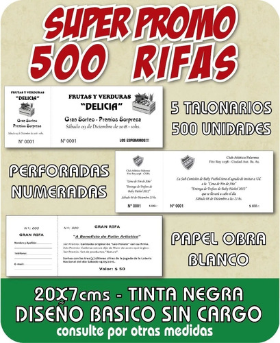 Rifas/bonos/tickets Numerados Papel Obra 5 Talonario/500 Uni