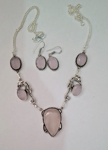 Collar Y Aros Plata Indu 925 Calcedonia Facetadas . Rosa