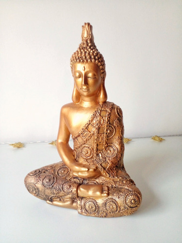Buda De Yeso Pintado A Mano Meditación Manto Labrado 28 Cm