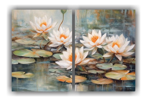 80x60cm Lienzo Waterlillies En Tonos Pastel Bastidor Madera