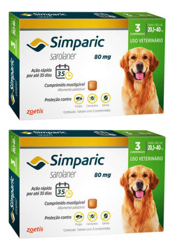 02 Antipulgas Cães Simparic 80mg 20,1-40kg 3 Comprimidos