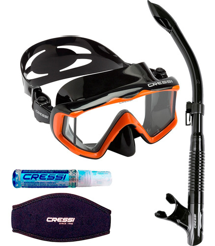 Kit De Mergulho Cressi Pano 3+snorkel Tao+anti Fog+strap Cor Preto/Laranja