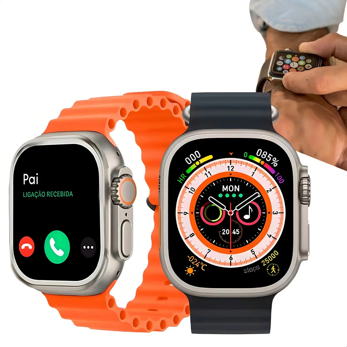 Smartwatch Relógio Ultra 9 Series Nfc Android Ios Amoled Gps Caixa Cinza Pulseira Branco Bisel Laranja Desenho Da Pulseira Mesh