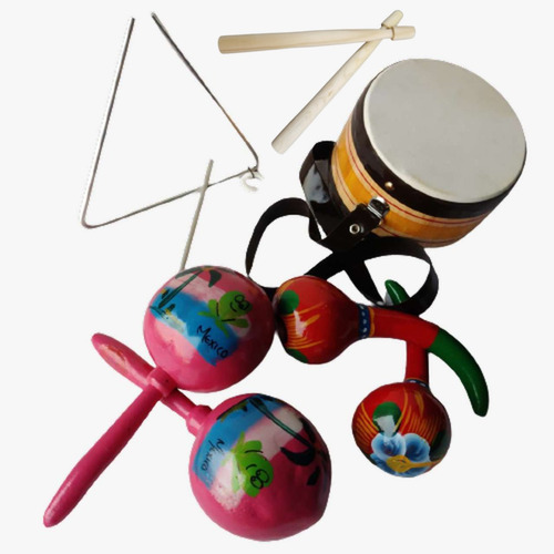 Kit 4 Instrumentos Musicales Niños Maracas Tambor Triangulo