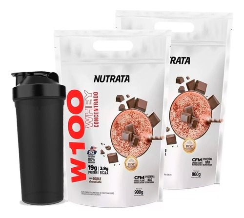 2x Whey 100% Concentrado 900gr Nutrata + Coqueteleira Sabor Chocolate