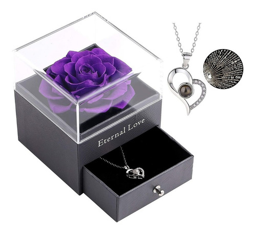 Rosa Real Eterna Y Collar Con Dije, Caja De Acrilico Color Morado